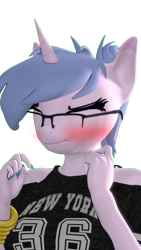 Size: 1080x1920 | Tagged: safe, artist:backmaker, oc, oc:steamy, unicorn, anthro, 3d, blushing, boop, clothes, cute, cute face, eyes closed, shirt, simple background, solo, source filmmaker, transparent background