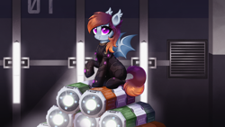 Size: 3840x2160 | Tagged: safe, artist:confetticakez, oc, oc only, oc:mellow stardust, bat pony, pony, bat pony oc, bat wings, bodysuit, clothes, container, ear tufts, elite dangerous, fangs, female, heart, heart eyes, high res, indoors, looking at you, mare, patreon, patreon reward, raised hoof, science fiction, sitting, smiling, smiling at you, solo, spaceship, spread wings, tail, uniform, wingding eyes, wings