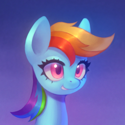 Size: 1600x1600 | Tagged: safe, artist:asimos, rainbow dash, pegasus, pony, g4, bust, female, gradient background, mare, smiling, solo