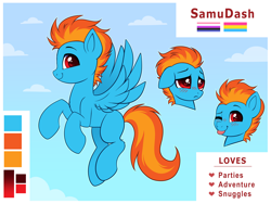Size: 4000x3000 | Tagged: safe, artist:confetticakez, oc, oc only, pegasus, pony, :p, blushing, cloud, floppy ears, flying, frown, full body, genderfluid, high res, hooves, looking at you, one eye closed, pansexual, pegasus oc, raspberry, reference sheet, sad, sky, smiling, solo, spread wings, tail, tongue out, two toned mane, two toned tail, wings, wink