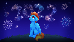 Size: 3840x2160 | Tagged: safe, artist:confetticakez, oc, oc only, pegasus, pony, g4, 2022, chest fluff, crying, fireworks, grass, high res, looking up, night, pegasus oc, sitting, smiling, solo, tears of joy, teary eyes
