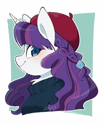 Size: 1748x2096 | Tagged: safe, artist:potetecyu_to, rarity, pony, unicorn, g4, beatnik rarity, beret, blushing, bust, clothes, cute, female, hat, looking at you, mare, pretty, profile, smiling, smiling at you, solo, sweater, turtleneck