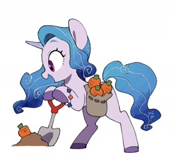Size: 1742x1569 | Tagged: safe, artist:potetecyu_to, izzy moonbow, pony, unicorn, g5, my little pony: a new generation, bag, bipedal, bipedal leaning, carrot, cute, digging, female, food, izzybetes, leaning, mare, open mouth, open smile, saddle bag, shovel, simple background, smiling, solo, white background