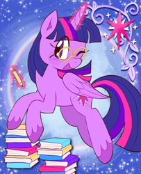 Size: 1664x2048 | Tagged: safe, artist:alexbeeza, twilight sparkle, alicorn, pony, g4, abstract background, book, cute, glasses, levitation, magic, one eye closed, open mouth, open smile, pencil, smiling, solo, telekinesis, twiabetes, twilight sparkle (alicorn), unshorn fetlocks, wink