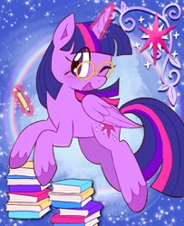 Size: 1664x2048 | Tagged: safe, artist:alexbeeza, twilight sparkle, alicorn, pony, g4, abstract background, book, cute, female, folded wings, glasses, glowing, glowing horn, horn, levitation, magic, magic aura, mare, one eye closed, open mouth, open smile, pencil, smiling, solo, telekinesis, twiabetes, twilight sparkle (alicorn), unshorn fetlocks, wings, wink