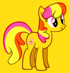 Size: 591x619 | Tagged: artist needed, safe, gem blossom, earth pony, pony, g3, g4, adorablossom, cute, female, full body, g3 to g4, generation leap, hooves, mare, multicolored mane, multicolored tail, show accurate, simple background, smiling, solo, standing, tail, yellow background