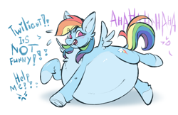 Size: 3800x2468 | Tagged: safe, artist:rico_chan, rainbow dash, pegasus, pony, g4, angry, belly, big belly, blushing, dialogue, fangs, female, frog (hoof), high res, huge belly, implied twilight sparkle, impossibly large belly, inflation, magic inflation, mare, offscreen character, rainblimp dash, sketch, solo, underhoof
