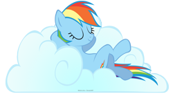 Size: 4400x2400 | Tagged: safe, artist:misterlolrus, rainbow dash, pegasus, pony, g4, .psd available, cloud, crossed legs, eyes closed, female, high res, hooves behind head, lying down, lying on a cloud, mare, on a cloud, on back, signature, simple background, smiling, solo, transparent background, vector