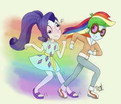 Size: 2970x2550 | Tagged: safe, artist:bageloftime, rainbow dash, rarity, equestria girls, g4, derp, duo, duo female, feet, female, goggles, high res, rainbow trail, sandals, wavy mouth