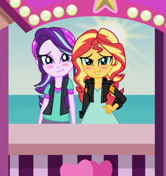 Size: 1024x1087 | Tagged: safe, artist:emeraldblast63, starlight glimmer, sunset shimmer, equestria girls, g4, beanie, blushing, duo, female, hat, kissing booth, lesbian, lidded eyes, looking at you, ship:shimmerglimmer, shipping, smiling