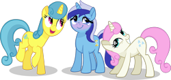 Size: 2717x1285 | Tagged: safe, artist:starcollider, lemon hearts, minuette, twinkleshine, pony, unicorn, g4, .svg available, base used, blushing, cute, female, grin, happy, hooves, horn, mare, open mouth, open smile, raised hoof, raised leg, shadow, simple background, smiling, standing, svg, tail, trace bitmap, transparent background, trio, trio female, vector