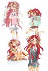 Size: 1836x2709 | Tagged: safe, artist:skywishes, derpibooru exclusive, sunset shimmer, pony, unicorn, equestria girls, g4, alternate hairstyle, bandage, brushing mane, clothes, flower, hoodie, plushie, school uniform, self paradox, self ponidox, short hair, simple background, sketch, sketch dump, sleepy, white background