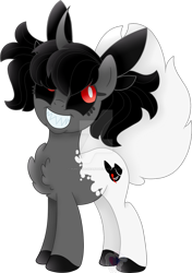 Size: 1280x1819 | Tagged: safe, artist:pure-blue-heart, oc, oc only, oc:bunz, pony, unicorn, black hair, bow, bunny tail, chest fluff, commission, female, hair bow, red eyes, sharp teeth, simple background, tail, teeth, transparent background