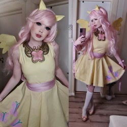 Size: 1440x1440 | Tagged: safe, artist:tinemarieriis, fluttershy, human, g4, clothes, cosplay, costume, cutie mark on clothes, dress, irl, irl human, jewelry, necklace, photo, pony ears, stockings, thigh highs, wings