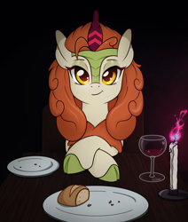 Size: 1920x2261 | Tagged: safe, artist:ravenirik, autumn blaze, kirin, g4, awwtumn blaze, black background, bread, candle, cute, date, dinner, food, holiday, looking at you, romantic, simple background, solo, valentine's day
