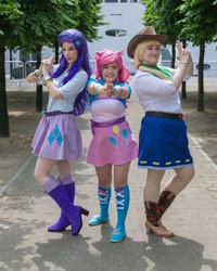 Size: 752x940 | Tagged: safe, artist:chixiechu, artist:vjwcosplay, applejack, pinkie pie, rarity, human, equestria girls, g4, belt, boots, clothes, cosplay, costume, equestria girls outfit, female, finger gun, irl, irl human, photo, shoes, skirt