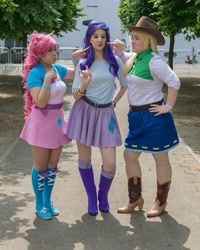 Size: 761x951 | Tagged: safe, artist:chixiechu, artist:vjwcosplay, applejack, pinkie pie, rarity, human, equestria girls, g4, belt, boots, clothes, cosplay, costume, duckface, equestria girls outfit, female, irl, irl human, photo, pointing, shoes, skirt