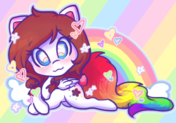 Size: 3372x2362 | Tagged: safe, artist:mscolorsplash, oc, oc only, oc:color splash, pegasus, pony, blushing, chibi, female, high res, looking at you, lying down, mare, prone, rainbow, rainbow background, rainbow tail, smiling, smiling at you, solo, starry eyes, tail, wingding eyes