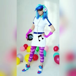 Size: 1080x1080 | Tagged: safe, artist:rei-doll, dj pon-3, vinyl scratch, human, equestria girls, g4, balloon, clothes, cosplay, costume, headphones, irl, irl human, leggings, photo, record, skirt, sunglasses