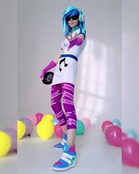 Size: 1080x1350 | Tagged: safe, artist:rei-doll, dj pon-3, vinyl scratch, human, equestria girls, g4, balloon, clothes, cosplay, costume, headphones, irl, irl human, leggings, photo, record, skirt, sunglasses