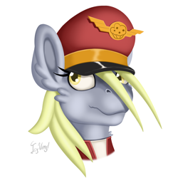 Size: 2122x2122 | Tagged: safe, artist:icyvinyl, derpy hooves, pegasus, pony, g4, bust, cap, clothes, female, hat, high res, mare, military uniform, portrait, simple background, solo, uniform, white background