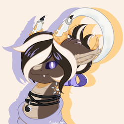 Size: 1000x1000 | Tagged: safe, artist:crysvalonia-admin, artist:marudoesart, oc, oc only, oc:vega, kirin, original species, bust, closed species, crystal kirin (species), crysvalonia, fangs, female, halo, horns, jewelry, mare, necklace, simple background, solo