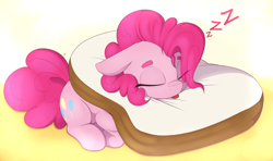 Size: 3000x1780 | Tagged: safe, artist:lockheart, pinkie pie, earth pony, pony, g4, bread, cat breading, cute, diapinkes, eyes closed, female, floppy ears, food, high res, lying down, mare, onomatopoeia, pillow, prone, sleeping, solo, sound effects, tongue out, weapons-grade cute, zzz
