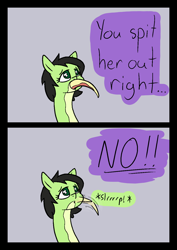 Size: 1000x1414 | Tagged: safe, artist:happy harvey, twist, oc, oc:filly anon, original species, snake, snake pony, g4, 2 panel comic, colored pupils, comic, dialogue, female, filly, filly pred, filly prey, foal, implied twilight sparkle, phone drawing, same size vore, slurp, swallowing, vore