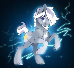 Size: 3565x3275 | Tagged: safe, artist:opalacorn, oc, oc only, oc:silver bolt, earth pony, pony, art trade, electricity, female, high res, looking at you, mare, rearing, smiling, smiling at you, solo