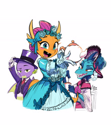 Size: 2480x2816 | Tagged: safe, artist:fanzeem, princess ember, smolder, spike, dragon, g4, blush sticker, blushing, clothes, cup, cute, dragon trio, dragoness, dress, female, hat, high res, open mouth, open smile, sharp teeth, simple background, smiling, smolder also dresses in style, smolderbetes, teacup, teapot, teeth, top hat, trio, white background, winged spike, wings