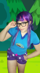 Size: 718x1294 | Tagged: safe, artist:sabrina200415, sci-twi, twilight sparkle, human, equestria girls, g4, my little pony equestria girls: legend of everfree, camp everfree outfits, clothes, cosplay, costume, irl, irl human, photo, solo