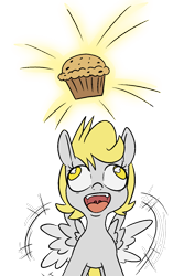 Size: 1000x1414 | Tagged: safe, artist:happy harvey, derpy hooves, pegasus, pony, g4, colored pupils, derp, drawthread, excited, female, filly, flapping wings, foal, food, happy, looking up, muffin, open mouth, phone drawing, simple background, smiling, solo, spread wings, transparent background, wall eyed, wings