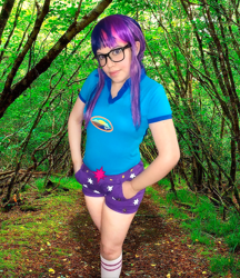 Size: 986x1142 | Tagged: safe, artist:sabrina200415, sci-twi, twilight sparkle, human, equestria girls, g4, my little pony equestria girls: legend of everfree, camp everfree outfits, clothes, cosplay, costume, forest, irl, irl human, photo, socks