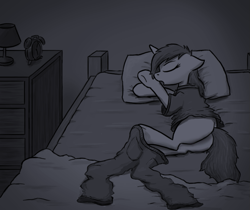 Size: 739x622 | Tagged: artist needed, source needed, safe, pony, unicorn, bed, bedsheets, butt, clothes, dresser, female, human to pony, implied transformation, pants, pillow, plot, shirt, sleeping, solo, transformation
