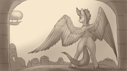 Size: 3840x2160 | Tagged: safe, artist:tenebrisnoctus, zipp storm, pegasus, pony, g5, my little pony: a new generation, airship, archway, butt, city, cityscape, female, from behind, high res, mare, monochrome, plot, smiling, solo, zephyr heights, zippbutt