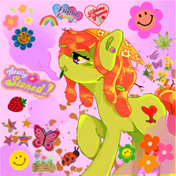 Size: 1080x1080 | Tagged: safe, artist:joykkonn, tree hugger, earth pony, pony, g4, drugs, female, joint, mare, marijuana, profile, raised hoof, scrapbook aesthetic, smiley face, smoking, solo, tree stoner