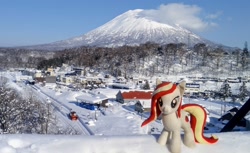 Size: 2048x1254 | Tagged: safe, photographer:pakapaka1993, oc, oc only, oc:poniko, earth pony, pony, cloud, earth pony oc, female, irl, japan, mare, mountain, photo, plushie, snow, solo, winter