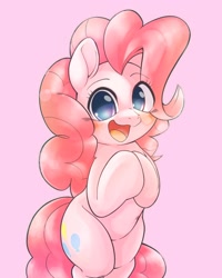 Size: 1638x2048 | Tagged: safe, artist:kurogewapony, pinkie pie, earth pony, pony, g4, bipedal, eye clipping through hair, female, full body, looking at you, mare, open mouth, open smile, pink background, simple background, smiling, smiling at you, solo