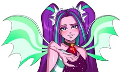 Size: 1501x888 | Tagged: safe, artist:nairdags, aria blaze, equestria girls, g4, my little pony equestria girls: rainbow rocks, bare shoulders, blushing, commission, cute, female, fin wings, gem, looking at you, raised eyebrow, reaching, siren gem, sleeveless, solo, wings