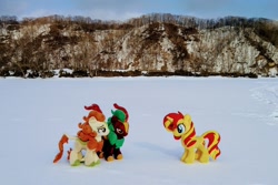 Size: 2048x1365 | Tagged: safe, photographer:pakapaka1993, autumn blaze, cinder glow, summer flare, sunset shimmer, kirin, pony, unicorn, g4, irl, japan, photo, plushie, snow, trio, winter