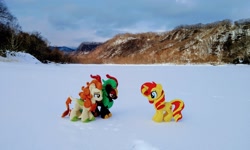 Size: 2048x1228 | Tagged: safe, photographer:pakapaka1993, autumn blaze, cinder glow, summer flare, sunset shimmer, kirin, pony, unicorn, g4, irl, japan, photo, plushie, snow, trio, winter