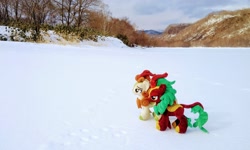 Size: 2048x1226 | Tagged: safe, photographer:pakapaka1993, autumn blaze, cinder glow, summer flare, kirin, pony, g4, duo, irl, japan, photo, plushie, snow, winter