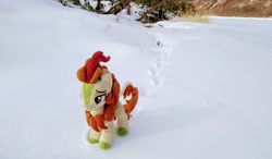 Size: 2048x1196 | Tagged: safe, photographer:pakapaka1993, autumn blaze, kirin, pony, g4, hoofprints, irl, japan, photo, plushie, snow, solo, winter