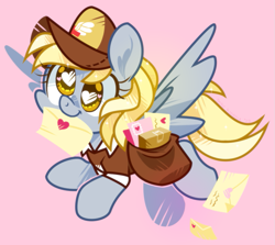 Size: 915x817 | Tagged: safe, artist:yokokinawa, derpy hooves, pegasus, pony, g4, cap, chibi, cute, derpabetes, hat, heart eyes, letter, mailmare, pink background, simple background, solo, wingding eyes