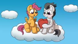 Size: 2016x1138 | Tagged: safe, artist:agent-diego, rumble, scootaloo, pegasus, pony, g4, blushing, candy, cloud, colt, cute, cutealoo, female, filly, foal, food, hearts and hooves day, holiday, male, rumblebetes, ship:rumbloo, shipping, sky, straight, valentine's day