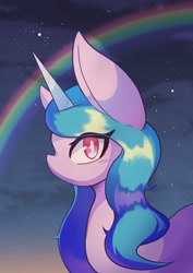 Size: 1191x1684 | Tagged: safe, artist:sc_kis_rko, izzy moonbow, pony, unicorn, g5, my little pony: a new generation, bust, female, looking at you, mare, no mouth, rainbow, solo