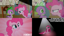Size: 1280x720 | Tagged: safe, edit, edited screencap, editor:quoterific, screencap, pinkie pie, spike, dragon, earth pony, pony, g4, party of one, season 1, chair, female, floppy ears, grin, male, mare, open mouth, pinkamena diane pie, sad, smiling, sugarcube corner