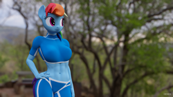 Size: 3840x2160 | Tagged: safe, artist:deneb, rainbow dash, anthro, plantigrade anthro, g4, 3d, abs, blender, breasts, clothes, compression shorts, female, fit, high res, midriff, outdoors, park, shorts, slender, solo, thin, toned, training