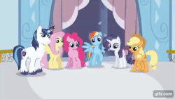 Size: 640x360 | Tagged: safe, screencap, applejack, fluttershy, pinkie pie, rainbow dash, rarity, shining armor, crystal pony, earth pony, pegasus, pony, unicorn, g4, season 3, the crystal empire, animated, applejack's hat, cowboy hat, crystal empire, crystallized, eyes closed, female, gif, gifs.com, hat, male, mare, open mouth, open smile, smiling, spread wings, stallion, wings