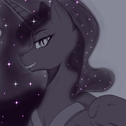 Size: 4000x4000 | Tagged: safe, alternate version, artist:aerospine, nightmare moon, alicorn, pony, g4, bust, female, grayscale, looking at you, mare, monochrome, peytral, profile, smiling, solo